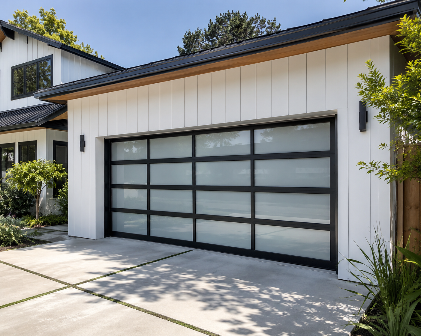 Full-view glass garage door on a modern master-planned executive home in San Ramon near the Bishop Ranch district